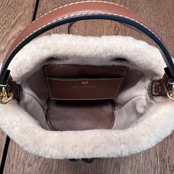 ANYA HINDMARCH Eyes Shearling Suede Bucket Shoulder Drawstring Crossbody Bag - Picture 8 of 9
